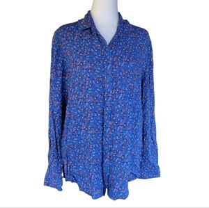 Anthropologie BeachLunchLounge Button Front Ditsy Floral Red Blue Blouse Large